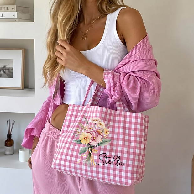 Personalized Crochet Tool Storage Tote Bag Gingham Tote Bag Custom Name Canvas Tote Reusable Shopping Bag