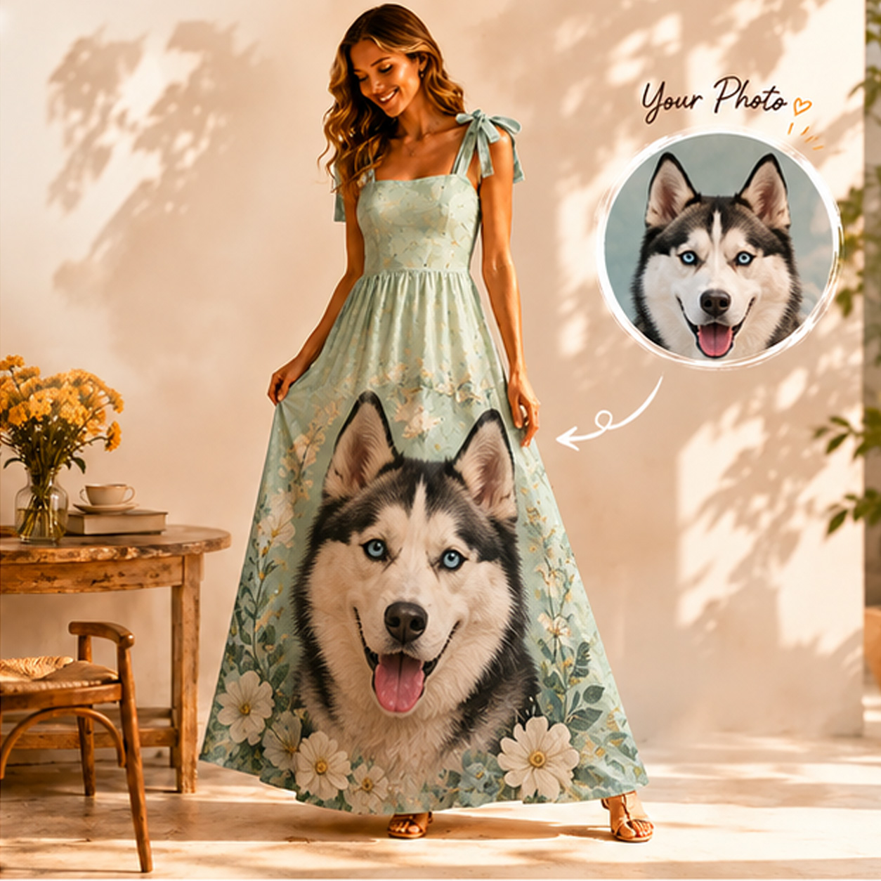 Personalized Oil Painting Pet Photo Maxi Dress Custom Image Gift for Pet Lover