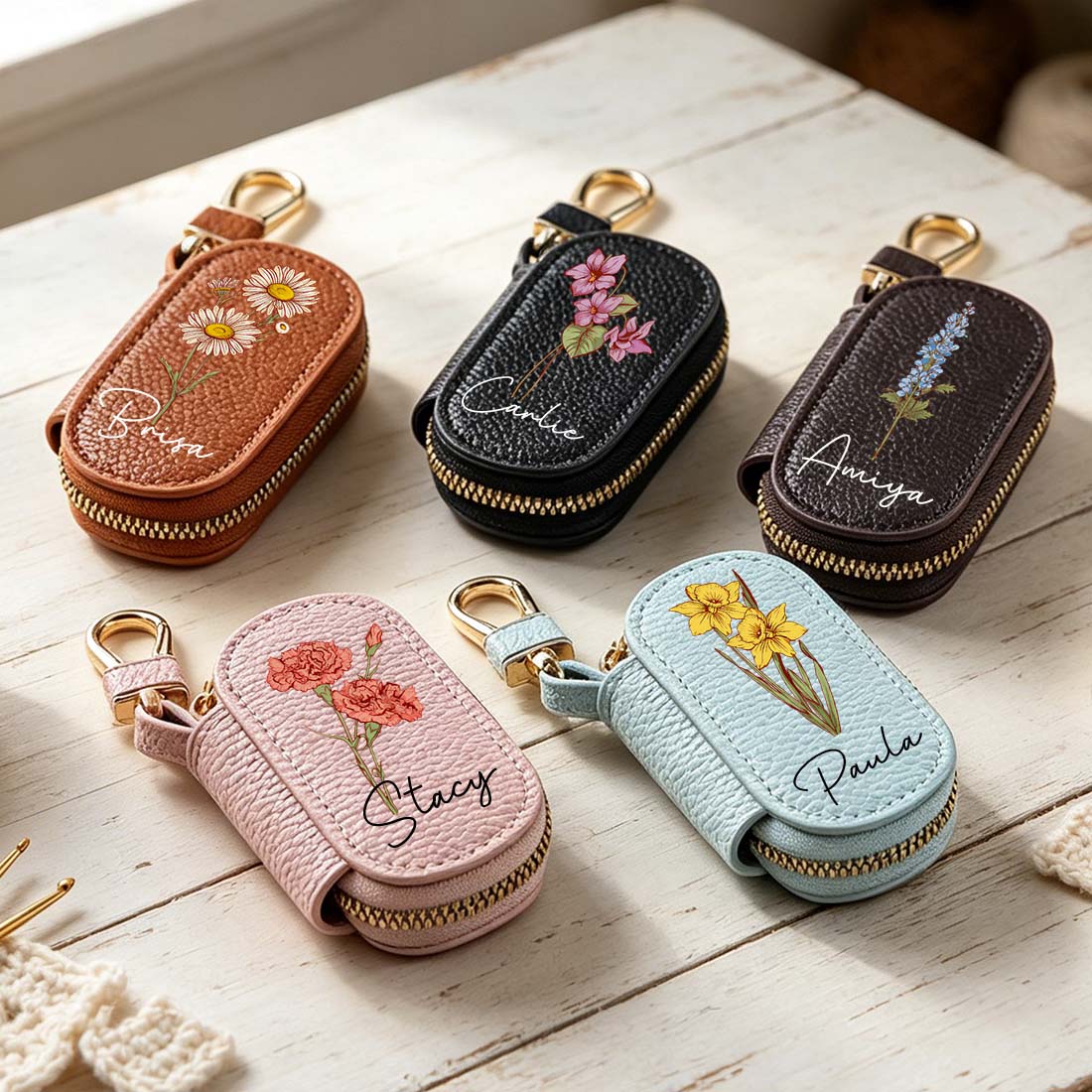 Personalized Knitting Crochet Notions Bag Mini Storage Bag Stitch Markers Point Protectors Tools Custom Name with Birth Flower