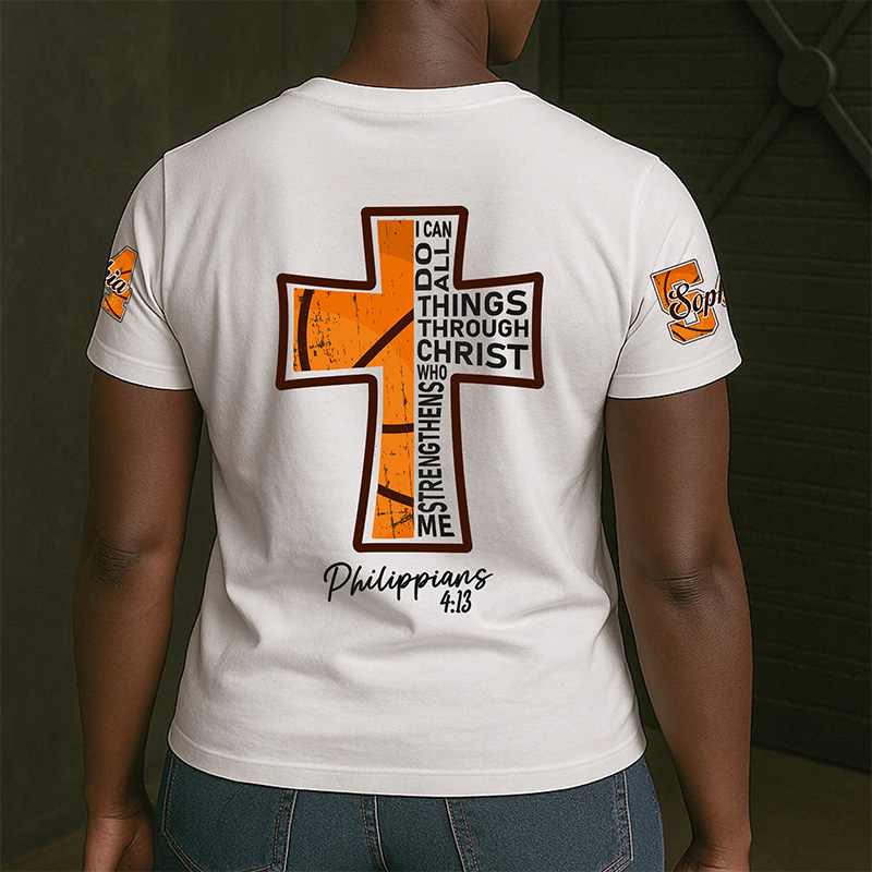 Personalized Basketball and Faith T-Shirt with Philippians 4:13 and Custom Name Christian Sports Gift Religious Gift for Basketball Lover