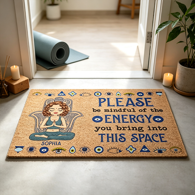 Personalized Please Be Mindful Of The Energy You Bring Into This Space - Birthday, Loving Gift For Yourself, Women, Yoga Lovers - Personalized Doormat