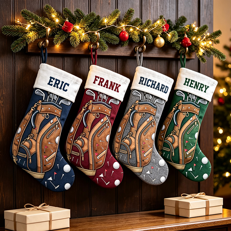 Personalized Golf Bag Christmas Stocking, Custom Name Golf Club Print Xmas Stocking with White Sherpa Cuff, Golf Lover Christmas Hanging Decor Gift for Golfer Dad