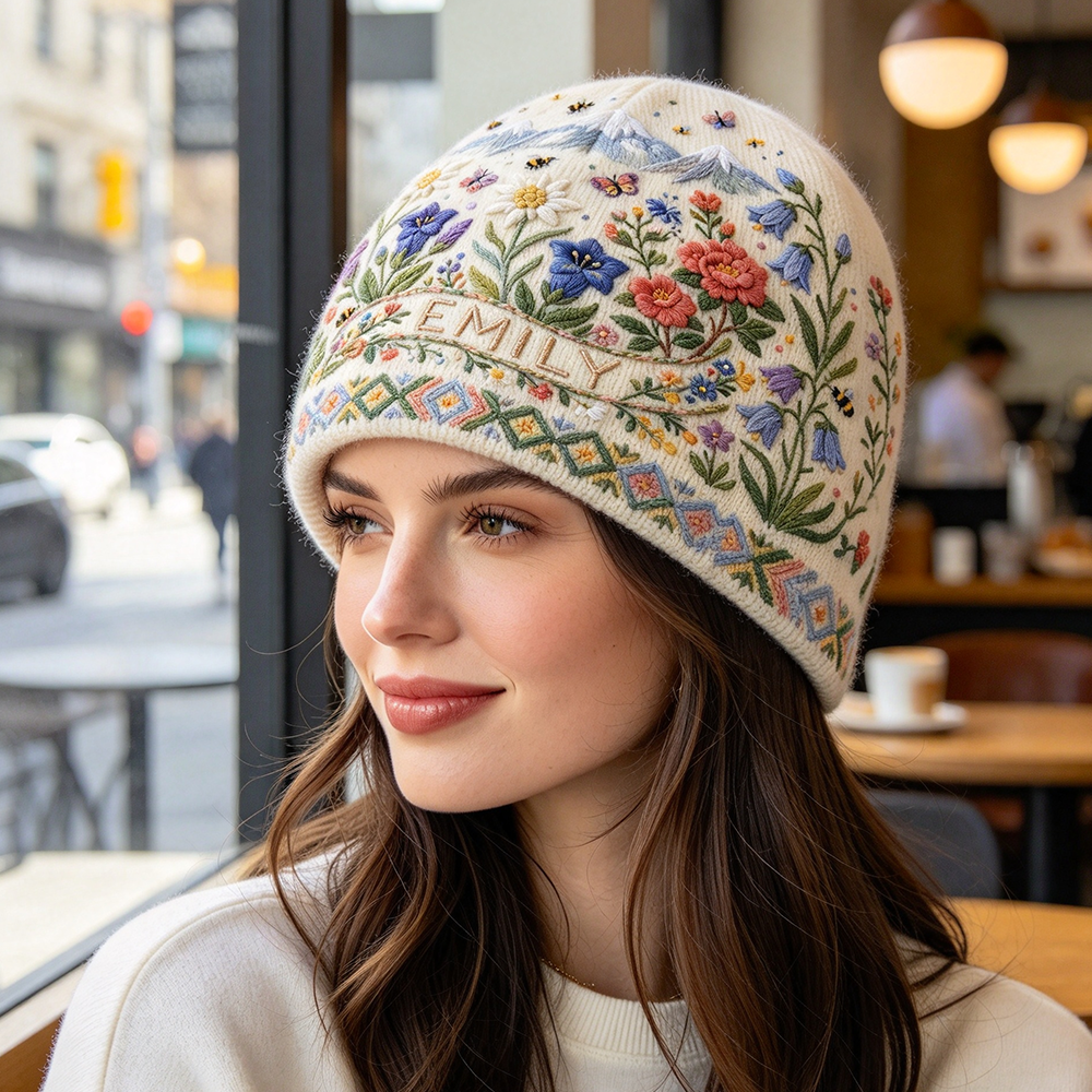 Personalized Mountain Wildflower Beanie | Custom Name Alpine Floral Winter Knit Hat
