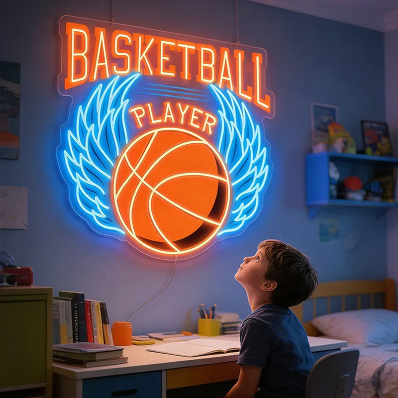 Personalized LED Basketball Neon Sign with Winged Ball Design for Basketball Lovers Teenage Boy Gifts