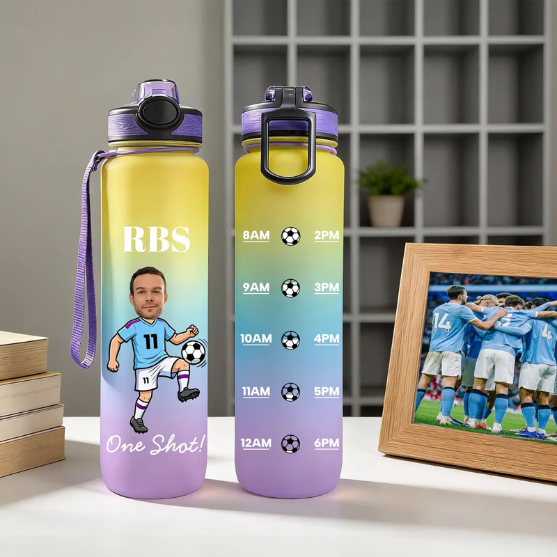 Personalized Cartoon Soccer Character Face Photo 32 oz Water Bottle with Name and Number Birthday Gift for Soccer Fans Lovers