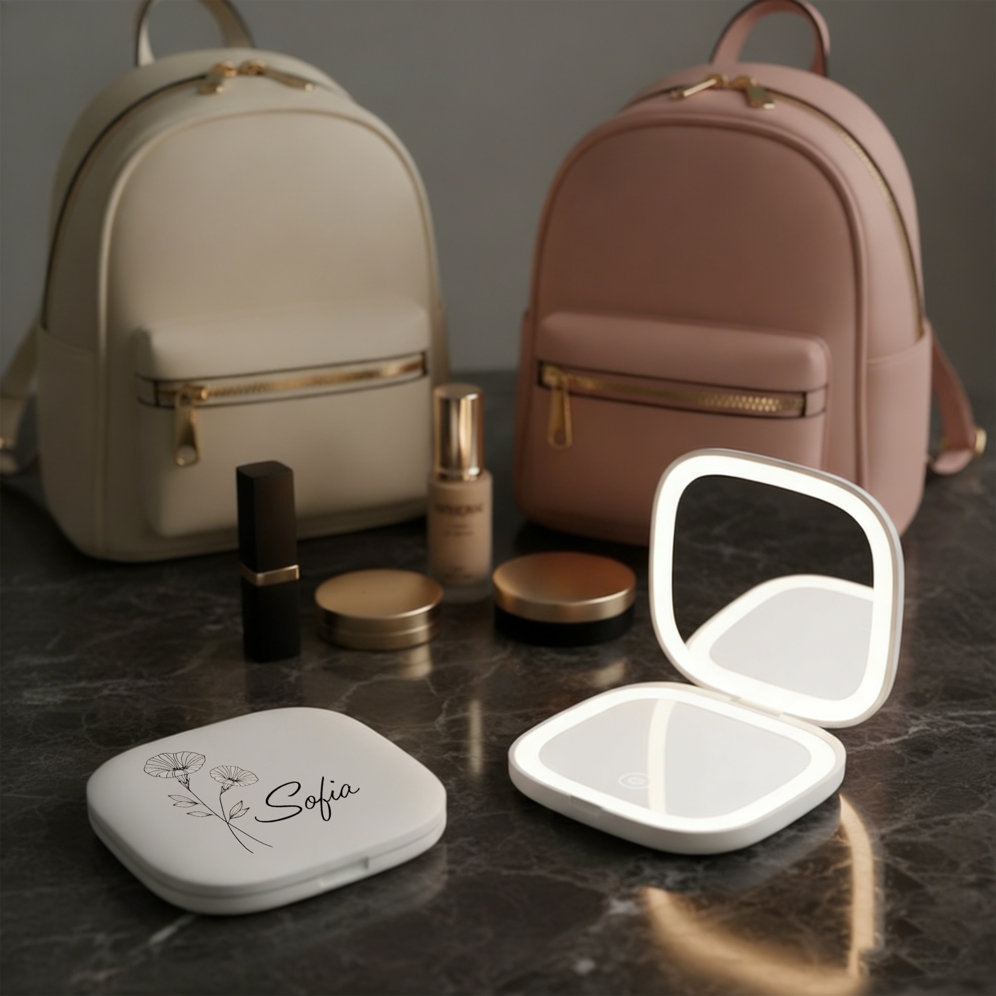 Personalized LED Makeup Mirror with Name and Birth Flower Foldable Travel Mirror for Women 3 Color Light 5X Magnification Rechargeable Gift