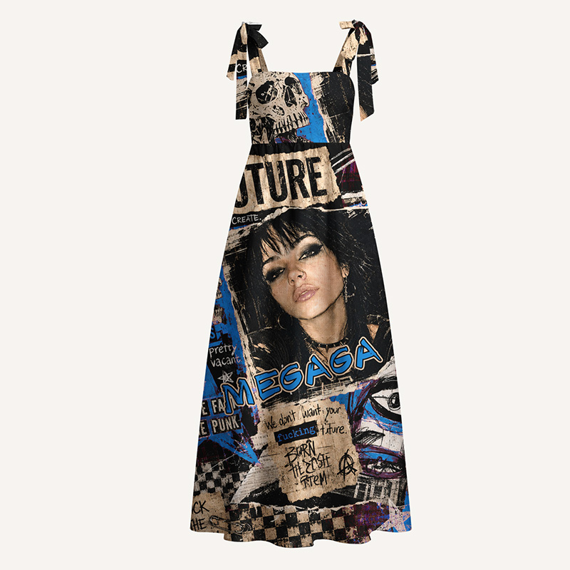 Personalized Grunge Punk Maxi Dress Collage Print Custom Photo and Name Bow Strap Rock Graphic Flowy Dress