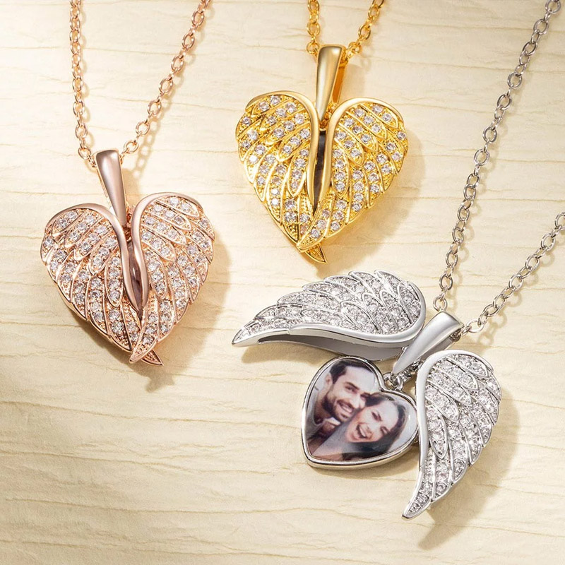 Personalized Cubic Zircon Heart Shape Angel Wing Photo Necklace Anniversary Birthday Gift for Her