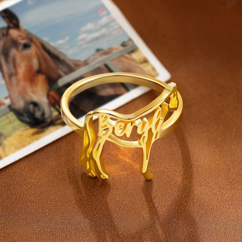 Personalized Horse Silhouette Ring with Name Dainty Jewelry Birthday Anniversary Gift for Horse Lovers Equestrians
