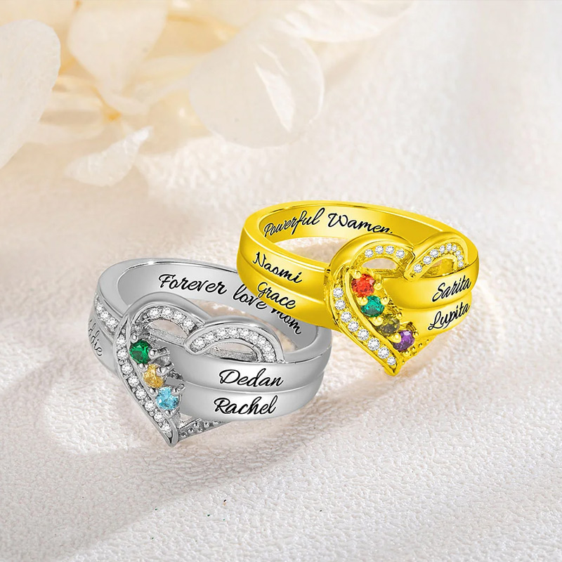 Personalized 1-8 Birthstones Heart Family Ring Where Hearts Meet Love Gleams In Every Stone