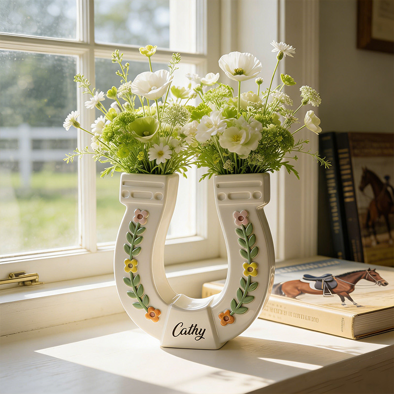 Personalized Horseshoe Vase 3D Printed Western Cowgirl Desk Planter Custom Name Gift for Equestrian Enthusiasts