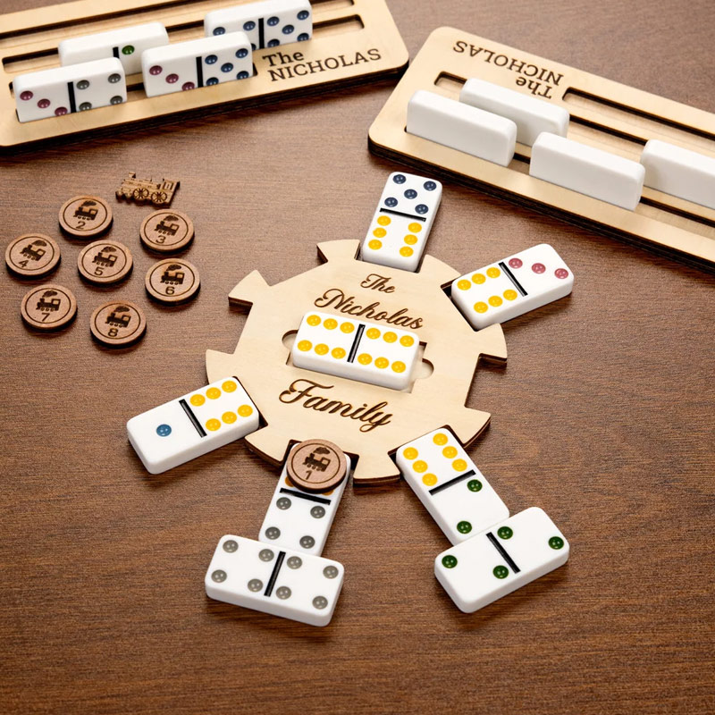 Personalized Wooden Mexican Train Domino Hub & Holder Engraved Basswood Set 11 or 15 Holder Gift for Family