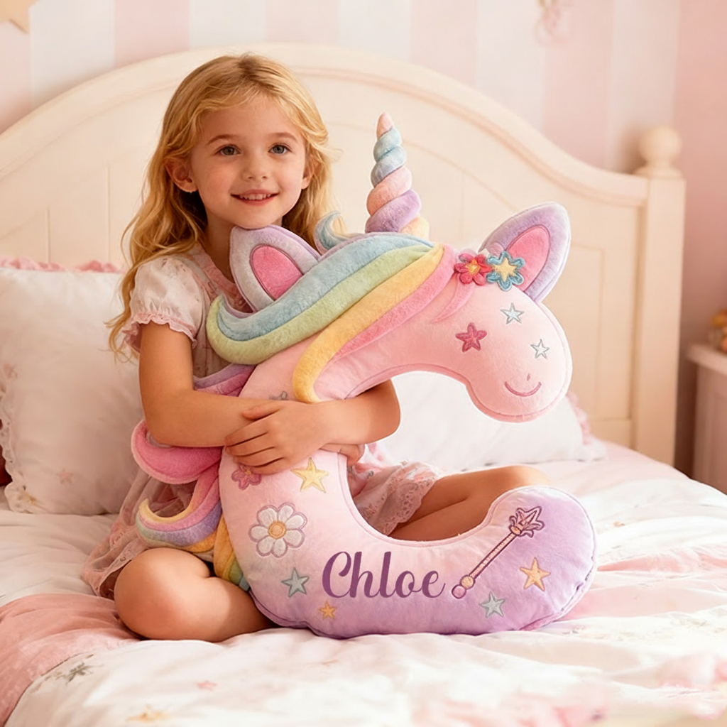 Personalized Letter Christmas Gift Pillow Pastel Rainbow Colors Stars Butterflies Magic Wand and Whimsical Fairy Tale Design Graphic 3D Print Pillow