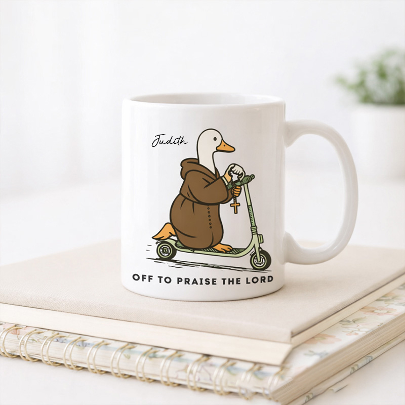Personalized Off to Praise the Lord 11oz 15oz Ceramic Mug with Custom Name Funny Christian Duck Cup Faith Humor Coffee Mug Scripture Lover Mug
