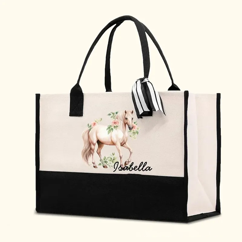 Personalized Floral Horse Large Canvas Tote Bag with Name and Waterproof Liner Birthday Gift for Women Riding Lovers