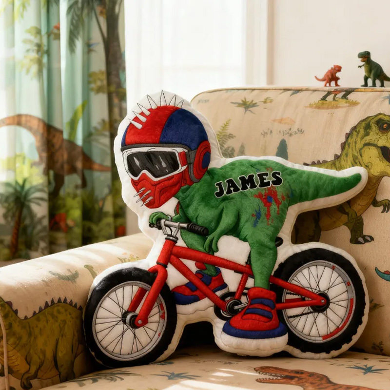 Personalized Dino Rider Bike Pillow Cozy Graphic 3D Print Cool Biker Dino Racing Pillow Name Pillow Comfortable Travel Cushion for Kids Boys Riding Lovers Sale-megacustom