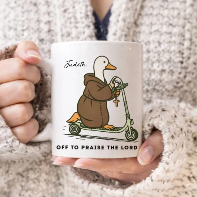Personalized Off to Praise the Lord 11oz 15oz Ceramic Mug with Custom Name Funny Christian Duck Cup Faith Humor Coffee Mug Scripture Lover Mug
