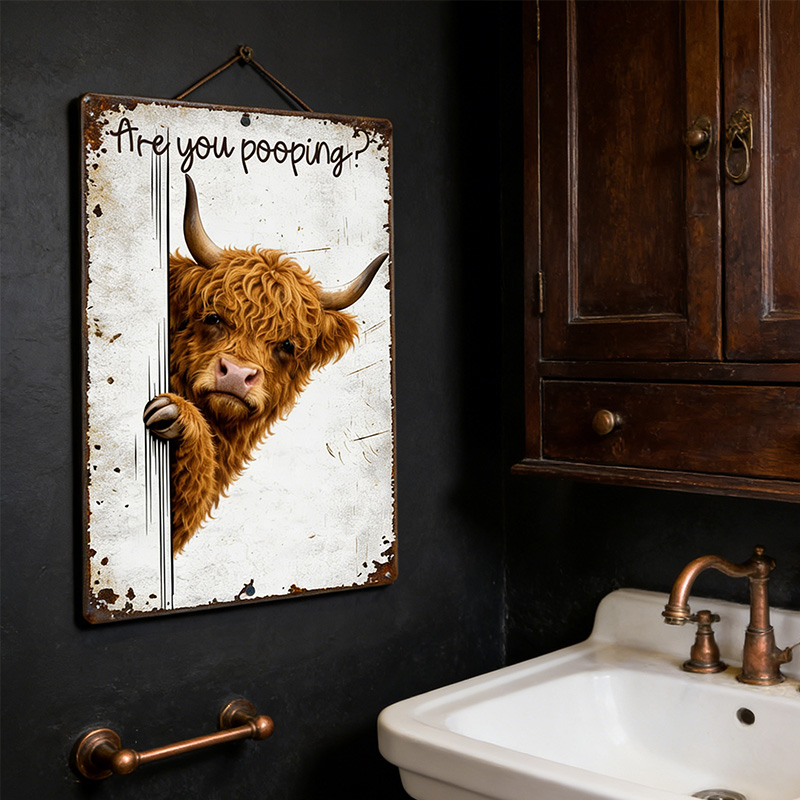 Are You Pooping Highland Cow Sign, Funny Peeking Bathroom Decor, Rustic Farmhouse Humor