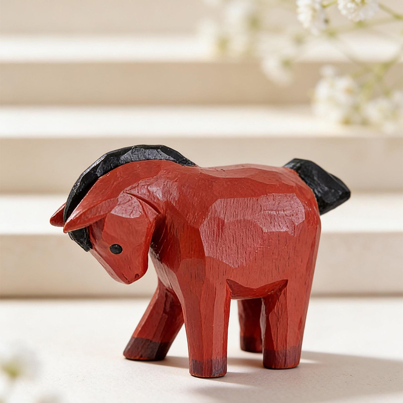 Hand-carved wooden horse, desk decoration, cute wooden farm animal figurine, handcrafted gift, minimalist decoration for office bookshelves