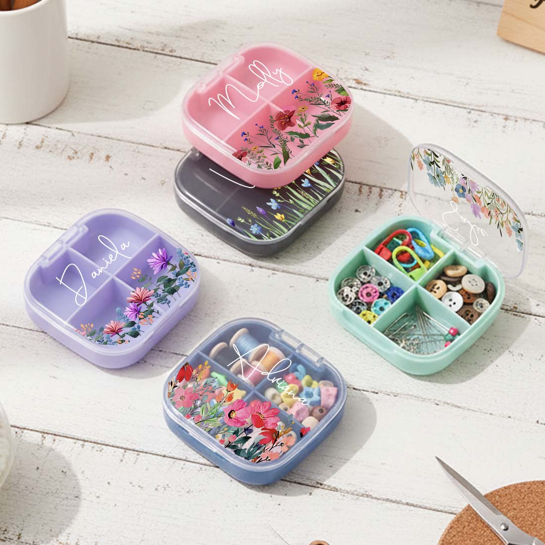 Personalized Knitting Crochet Notions Case Mini Storage Box 4 Compartments Multi Section Stitch Markers Point Protectors Tools Travel Compartments Case Custom Name with Birth Flower Crochet Tool Organizer