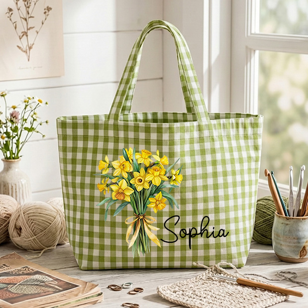 Personalized Crochet Tool Storage Tote Bag Gingham Tote Bag Custom Name Canvas Tote Reusable Shopping Bag