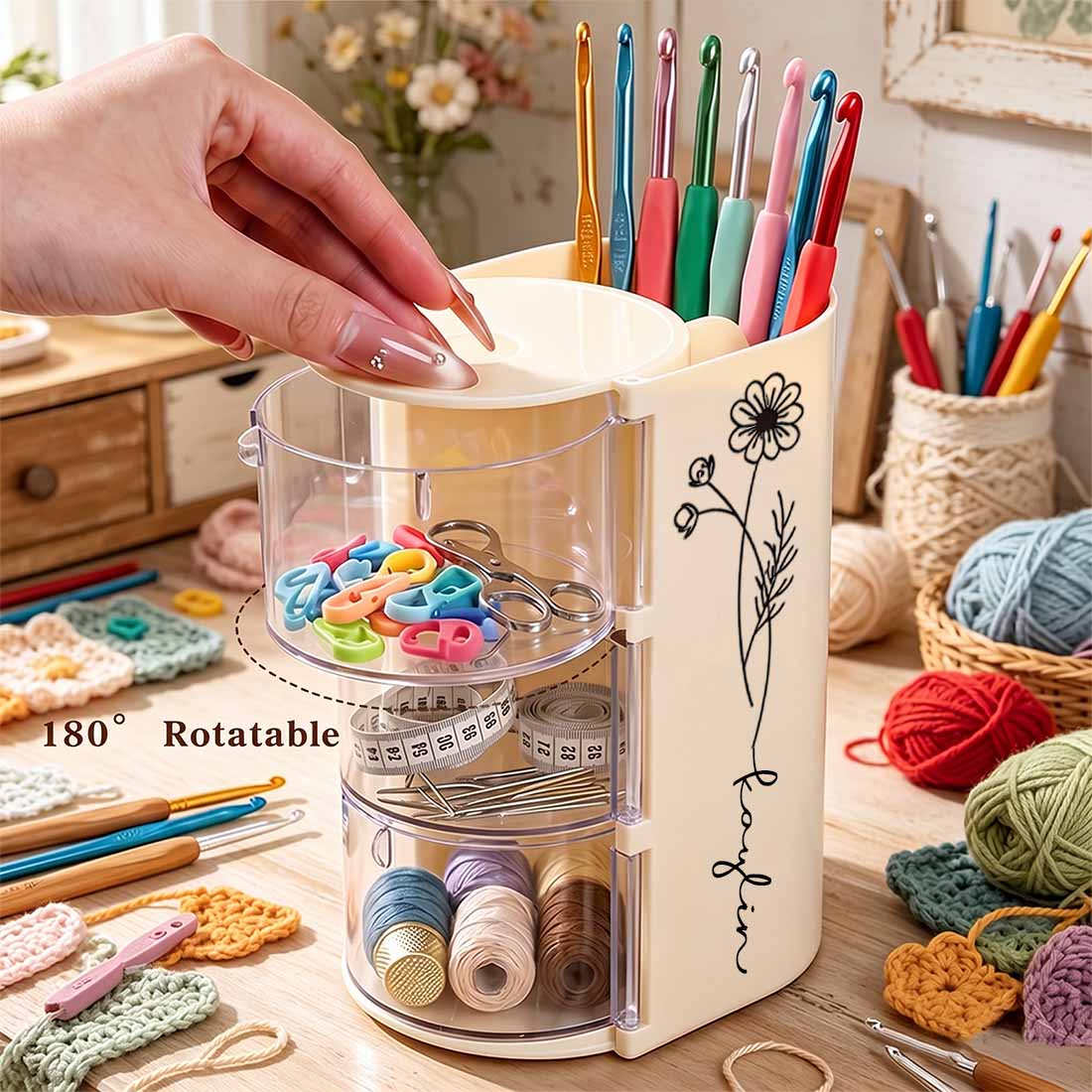 Rotary Crocheting Tools Storage Box Transparent Dust Multi Layer Square Crochet Tools Storage Rack