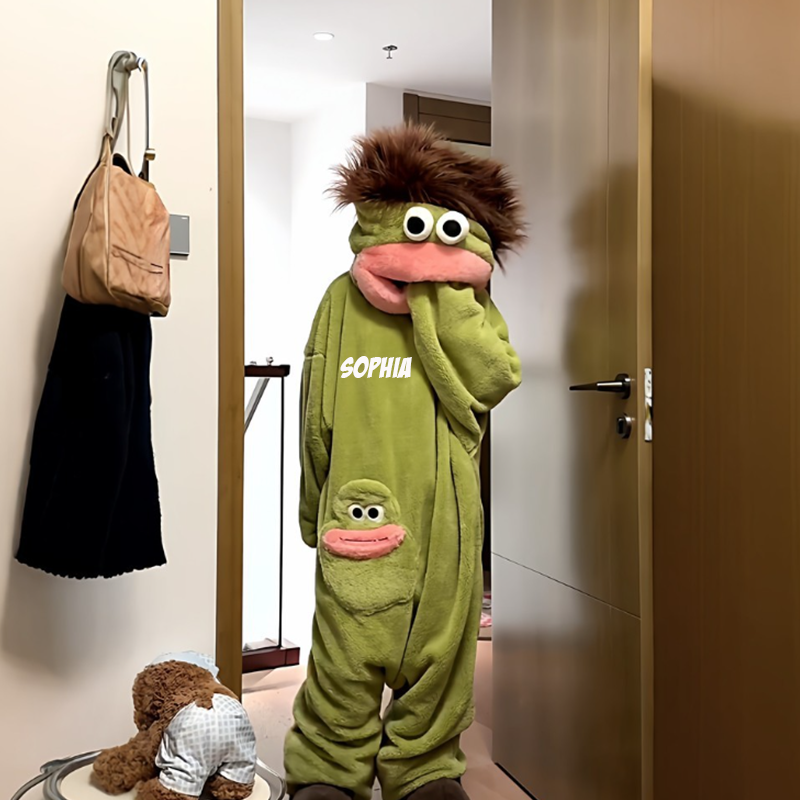 Personalized Funny Googly Eye Monster Frog Onesie with Name, Hooded Wearable Blanket Pajamas, Oversized Plush Fleece Adult Loungewear, Cozy Gag Gift