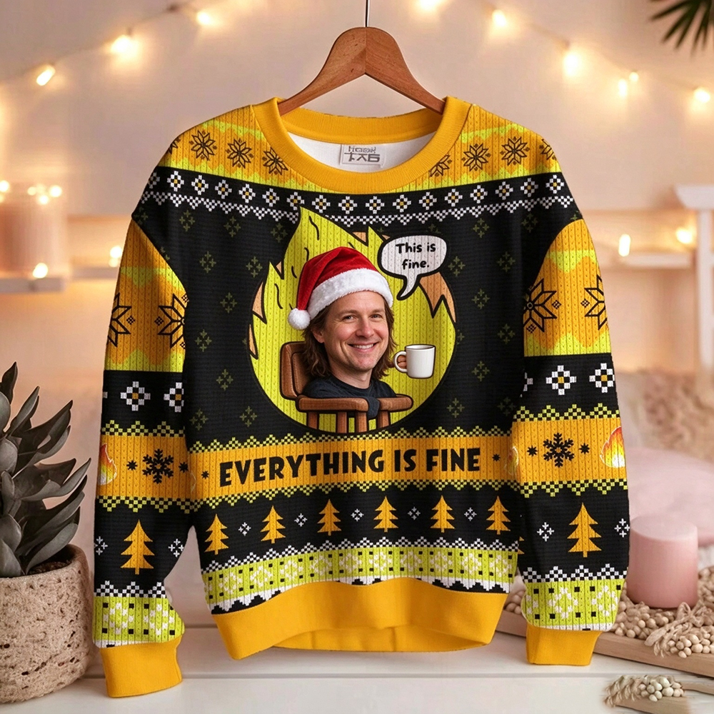 Personalized Photo Funny This Is Fine Ugly Christmas Sweater – Dog Meme Holiday Pullover, Everything Is Fine Xmas Gift