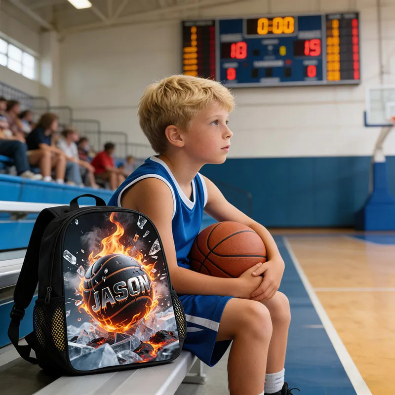 Personalized Basketball Backpack with Fiery Design and Custom Name for Kids and Basketball Lovers Black to School Gift