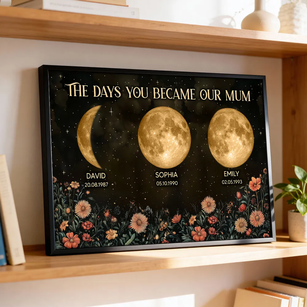 Personalised Moon Phase Family Print – “The Days You Became Our Mum” Custom Poster with Names, Dates & Birth Moons – Unique Mother’s Day Gift