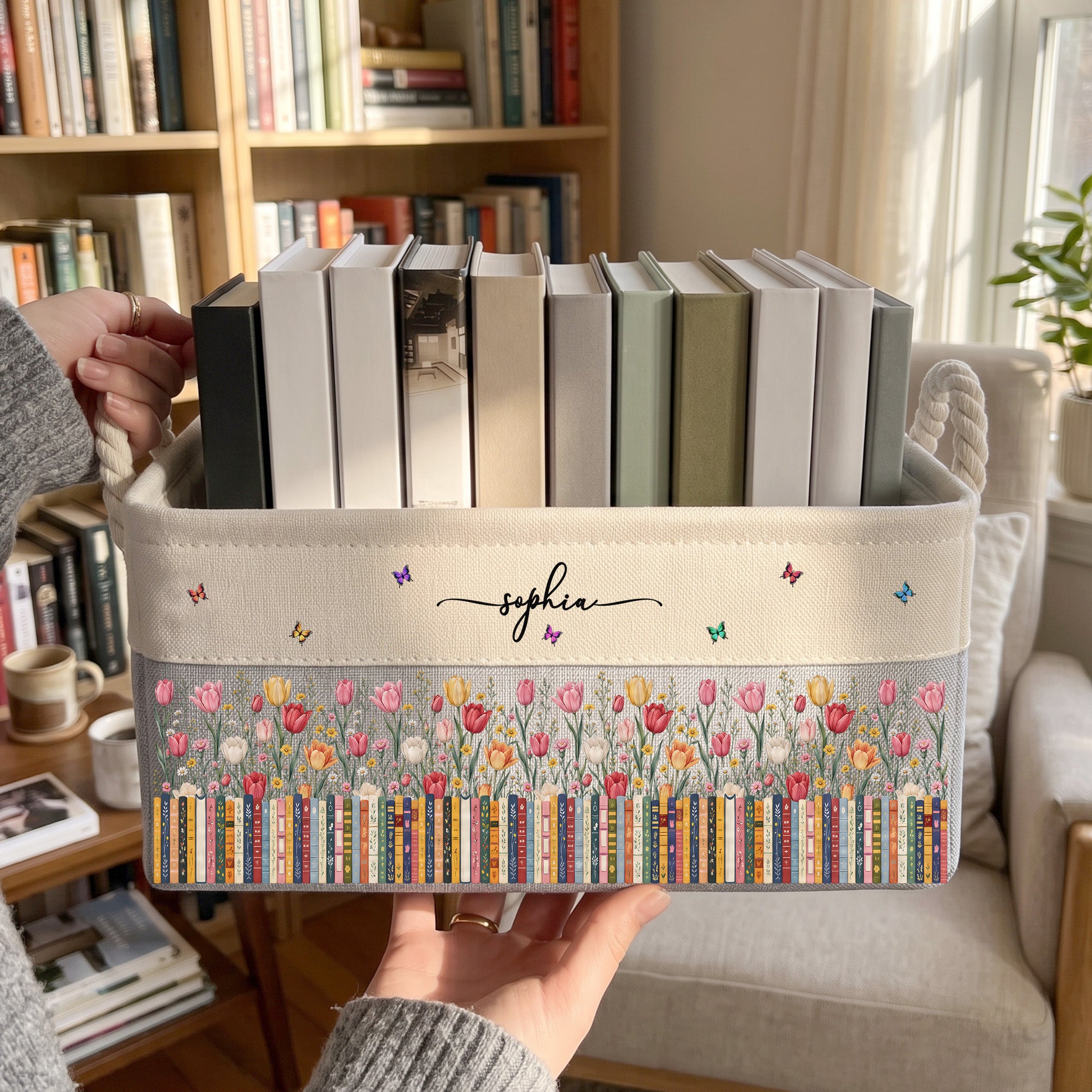 Personalized Storage Basket Custom Birth Flower & Name Gift for Her