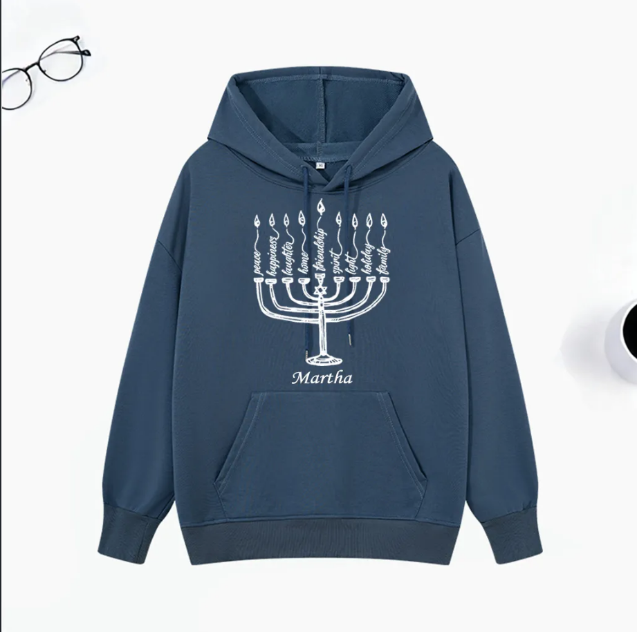 Personalized Peace Laughter Hanukkah Classic Hoodies with Name Unisex Hoodies Religious Gift Happy Hanukkah Gift for Jewish People