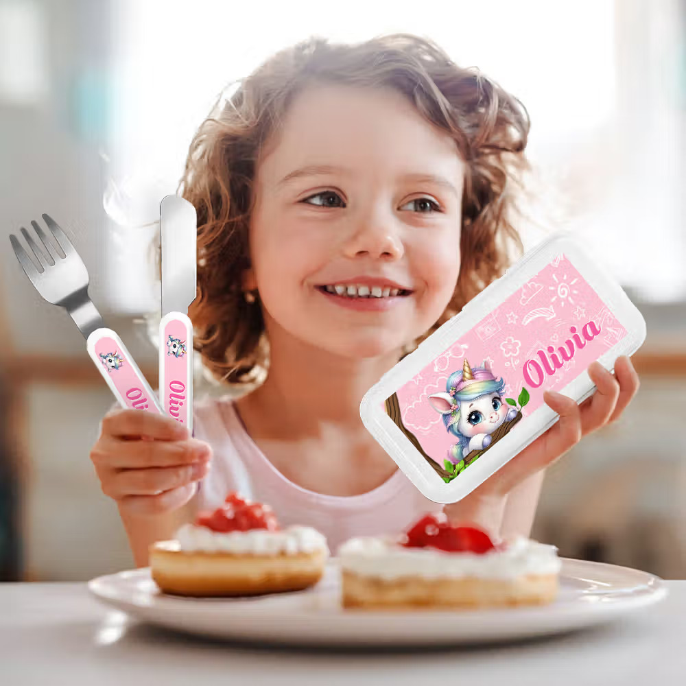 Personalized Dream Horse Animal Safe Stainless Steel Kid's Fork Spoon Knife 3 Pcs Cutlery Set with Name and Case Birthday Gift