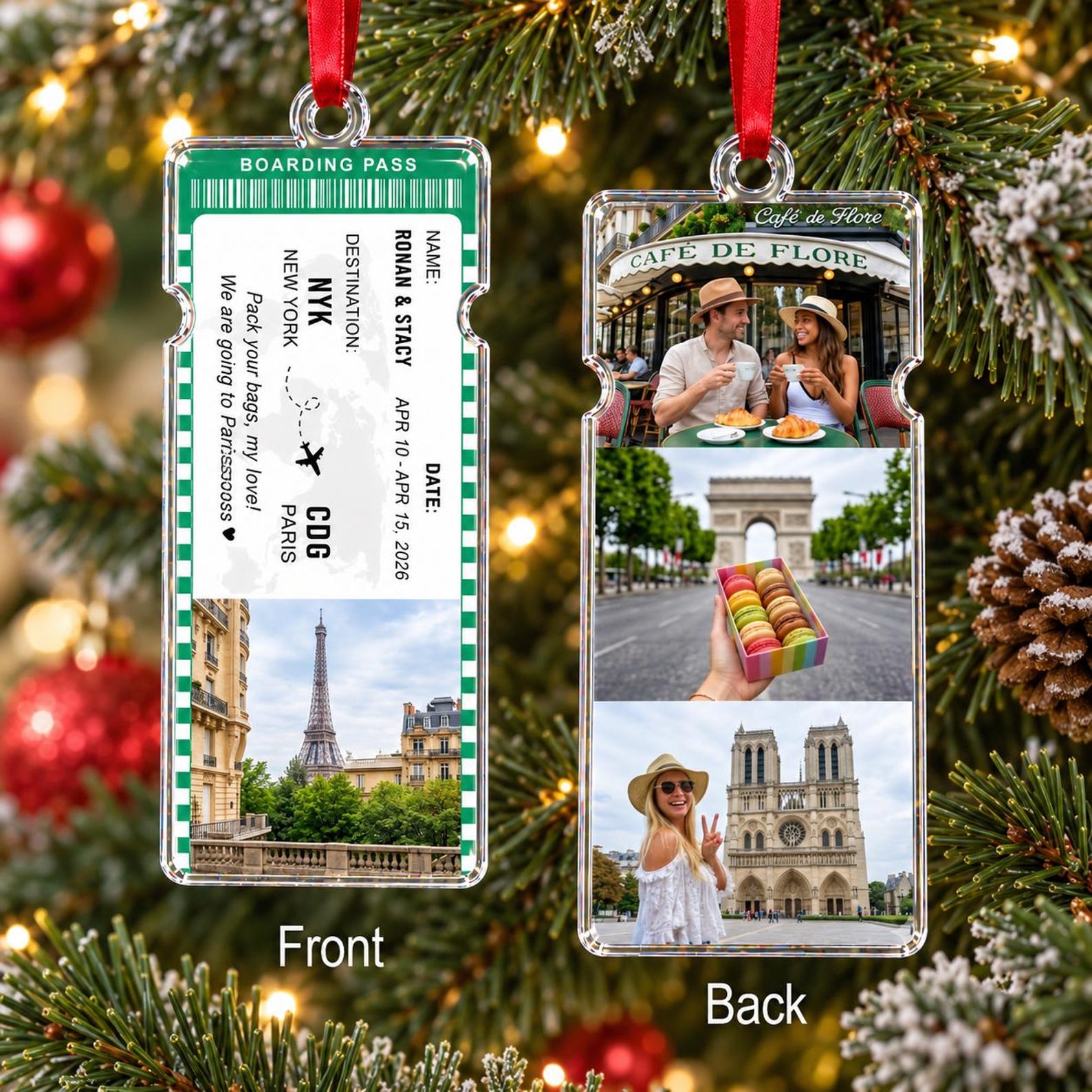 Personalized Photo Keepsake Travel Ticket Ornament, Personalized Travel Adventure Ornament, Travel Ticket Christmas Gift, Couple Vacation Keepsake