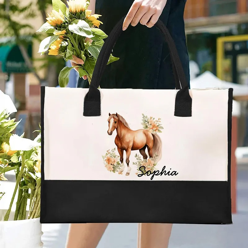 Personalized Floral Horse Large Canvas Tote Bag with Name and Waterproof Liner Birthday Gift for Women Riding Lovers