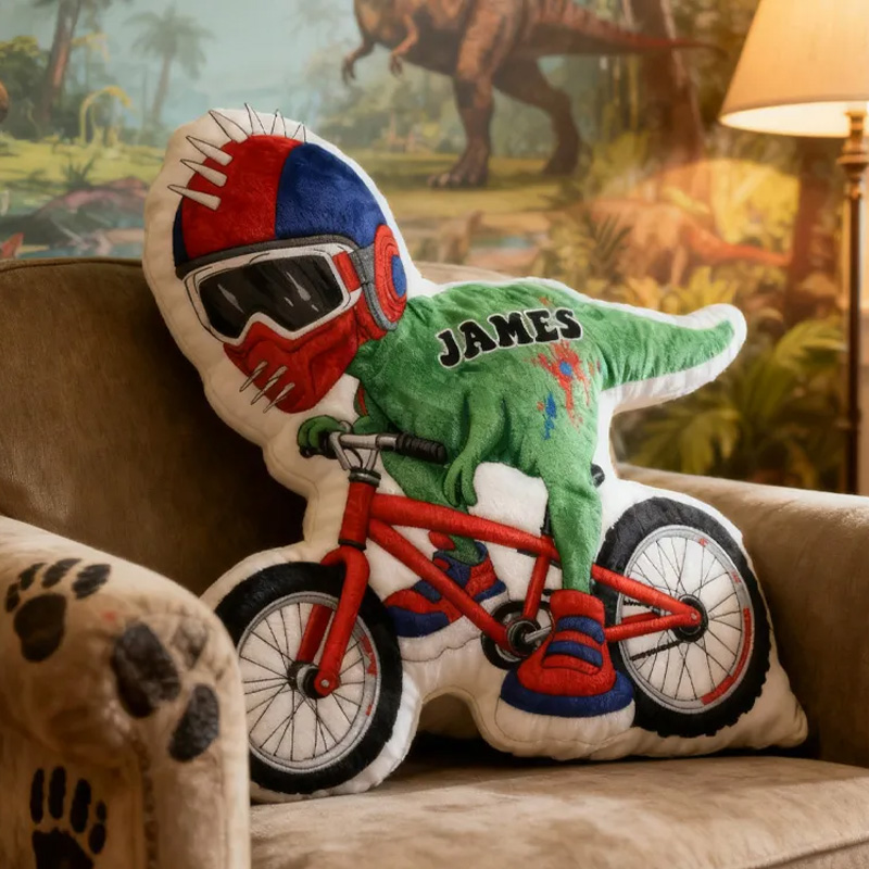 Personalized Dino Rider Bike Pillow Cozy Graphic 3D Print Cool Biker Dino Racing Pillow Name Pillow Comfortable Travel Cushion for Kids Boys Riding Lovers