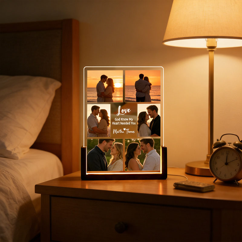 Personalized God Knew My Heart Needed You 6 Photos Acrylic LED Night Light with Custom Name Text and Wooden Base Valentine's Day Gift for Couple