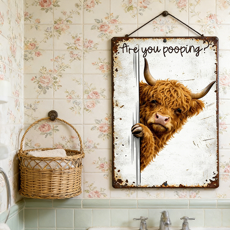 Are You Pooping Highland Cow Sign, Funny Peeking Bathroom Decor, Rustic Farmhouse Humor