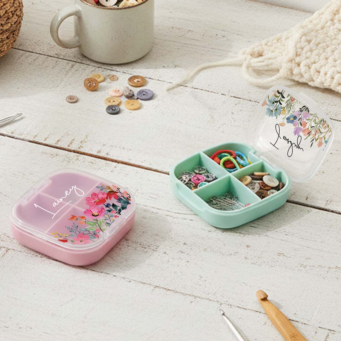 Personalized Knitting Crochet Notions Case Mini Storage Box 4 Compartments Multi Section Stitch Markers Point Protectors Tools Travel Compartments Case Custom Name with Birth Flower Crochet Tool Organizer