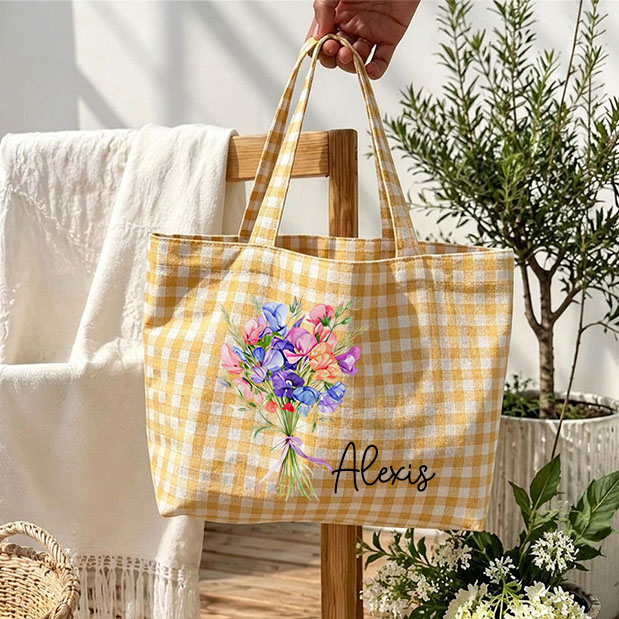 Personalized Crochet Tool Storage Tote Bag Gingham Tote Bag Custom Name Canvas Tote Reusable Shopping Bag