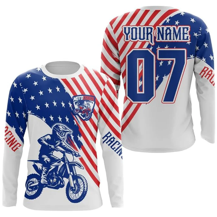Personalized American Flag Motocross Custom Name Number Long Sleeve Racing Jersey
