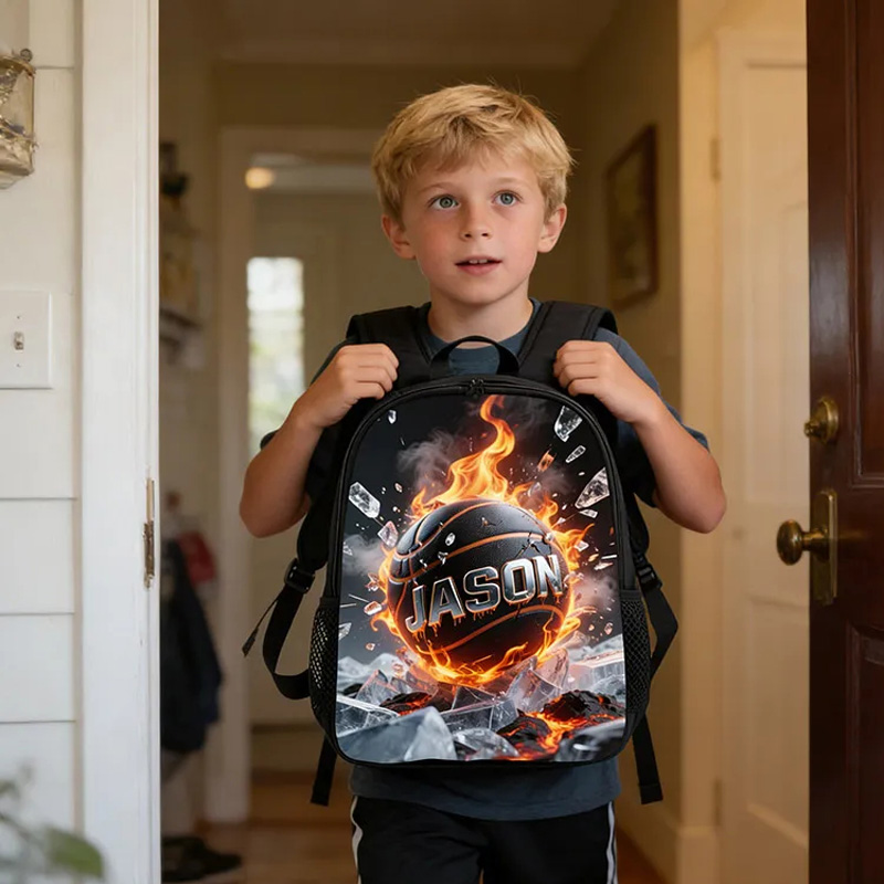 Personalized Basketball Backpack with Fiery Design and Custom Name for Kids and Basketball Lovers Black to School Gift
