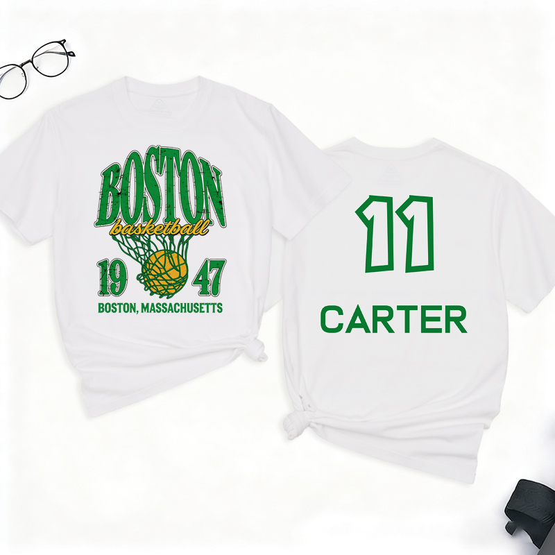Personalized Basketball T-Shirt Vintage Boston Basketball 1947 St. Patrick Design with Custom Name and Number