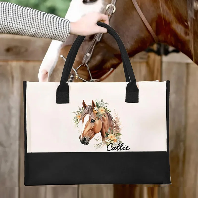 Personalized Floral Horse Large Canvas Tote Bag with Name and Waterproof Liner Birthday Gift for Women Riding Lovers