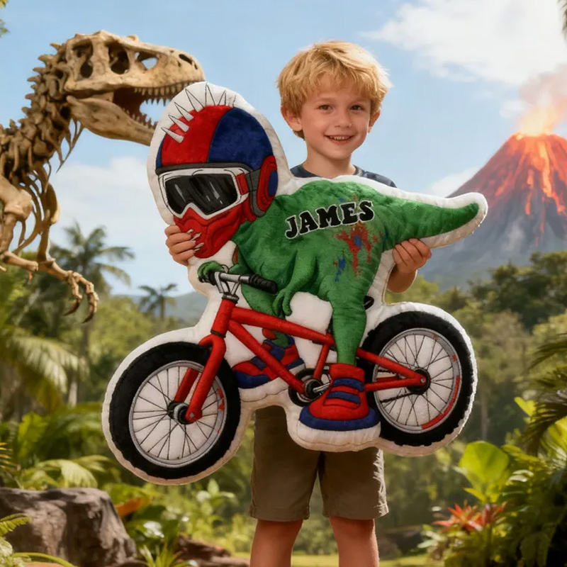 Personalized Dino Rider Bike Pillow Cozy Graphic 3D Print Cool Biker Dino Racing Pillow Name Pillow Comfortable Travel Cushion for Kids Boys Riding Lovers