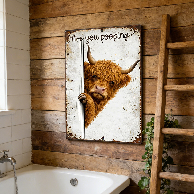 Are You Pooping Highland Cow Sign, Funny Peeking Bathroom Decor, Rustic Farmhouse Humor
