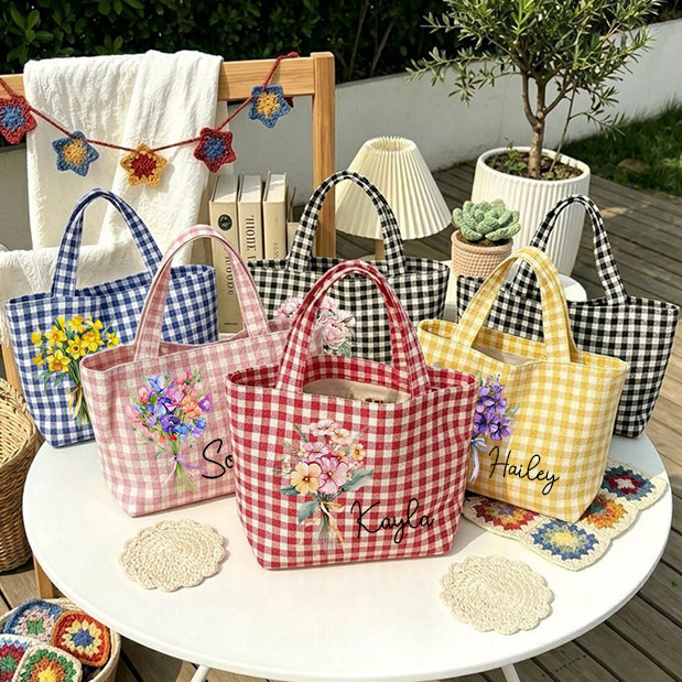 Personalized Crochet Tool Storage Tote Bag Gingham Tote Bag Custom Name Canvas Tote Reusable Shopping Bag