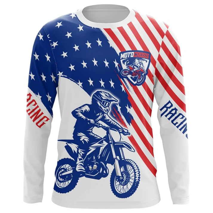 Personalized American Flag Motocross Custom Name Number Long Sleeve Racing Jersey