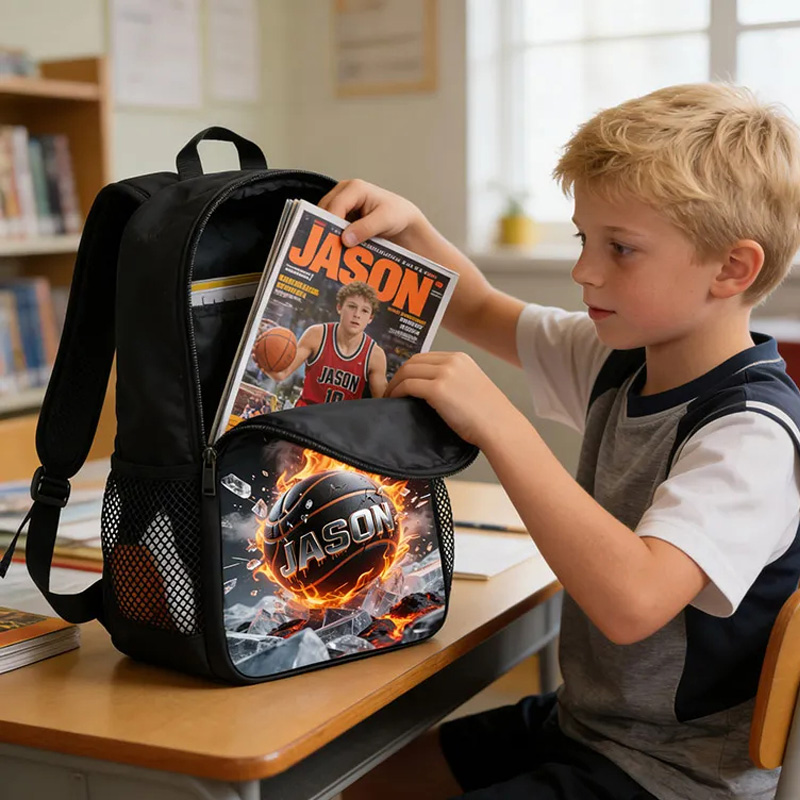 Personalized Basketball Backpack with Fiery Design and Custom Name for Kids and Basketball Lovers Black to School Gift