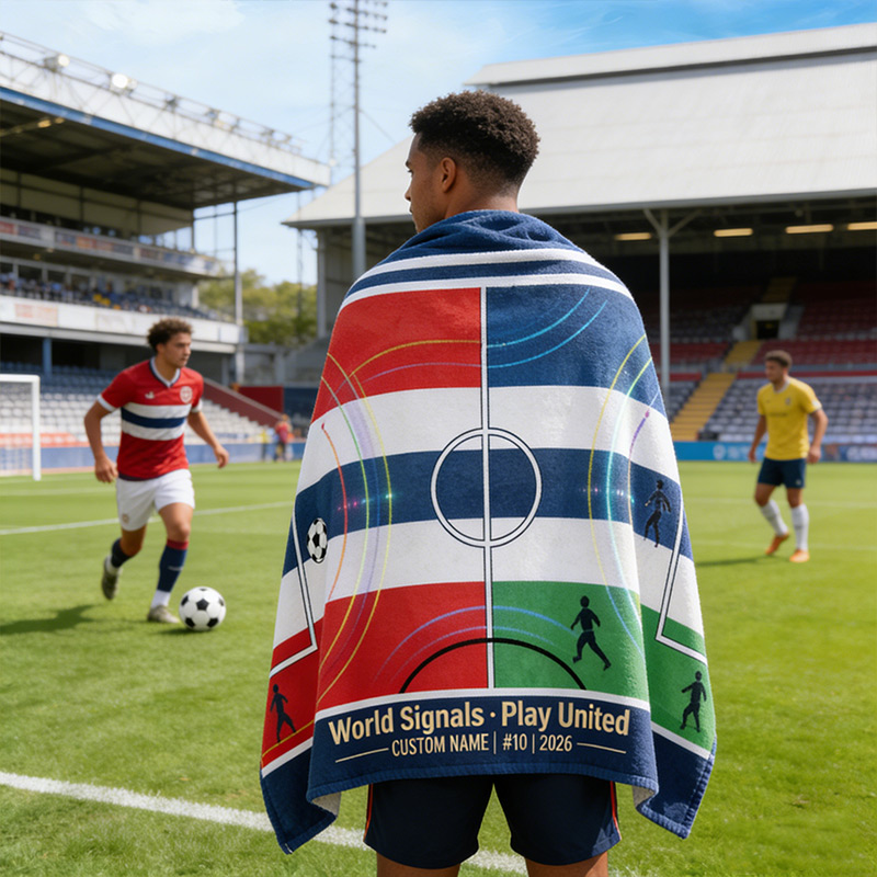 Personalized Soccer Beach Towel Ocean Route Soccer Map Beach TowelWorld Signals Play United Custom Name Number Gift for Soccer Lovers
